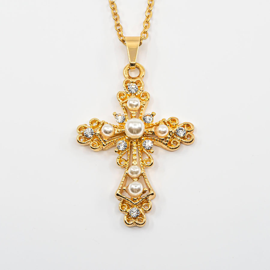 Grace Pearl Crystal Cross Necklace